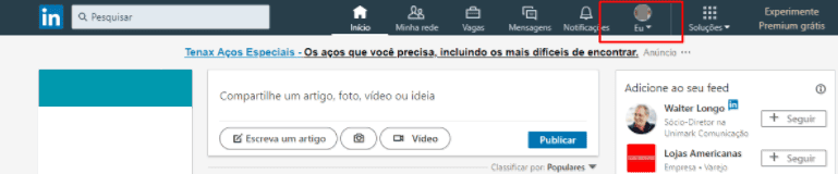 Passo 2/5 Uma vez conectados, o Administrador deve clicar no botão escrito “Eu” no canto superior direito.